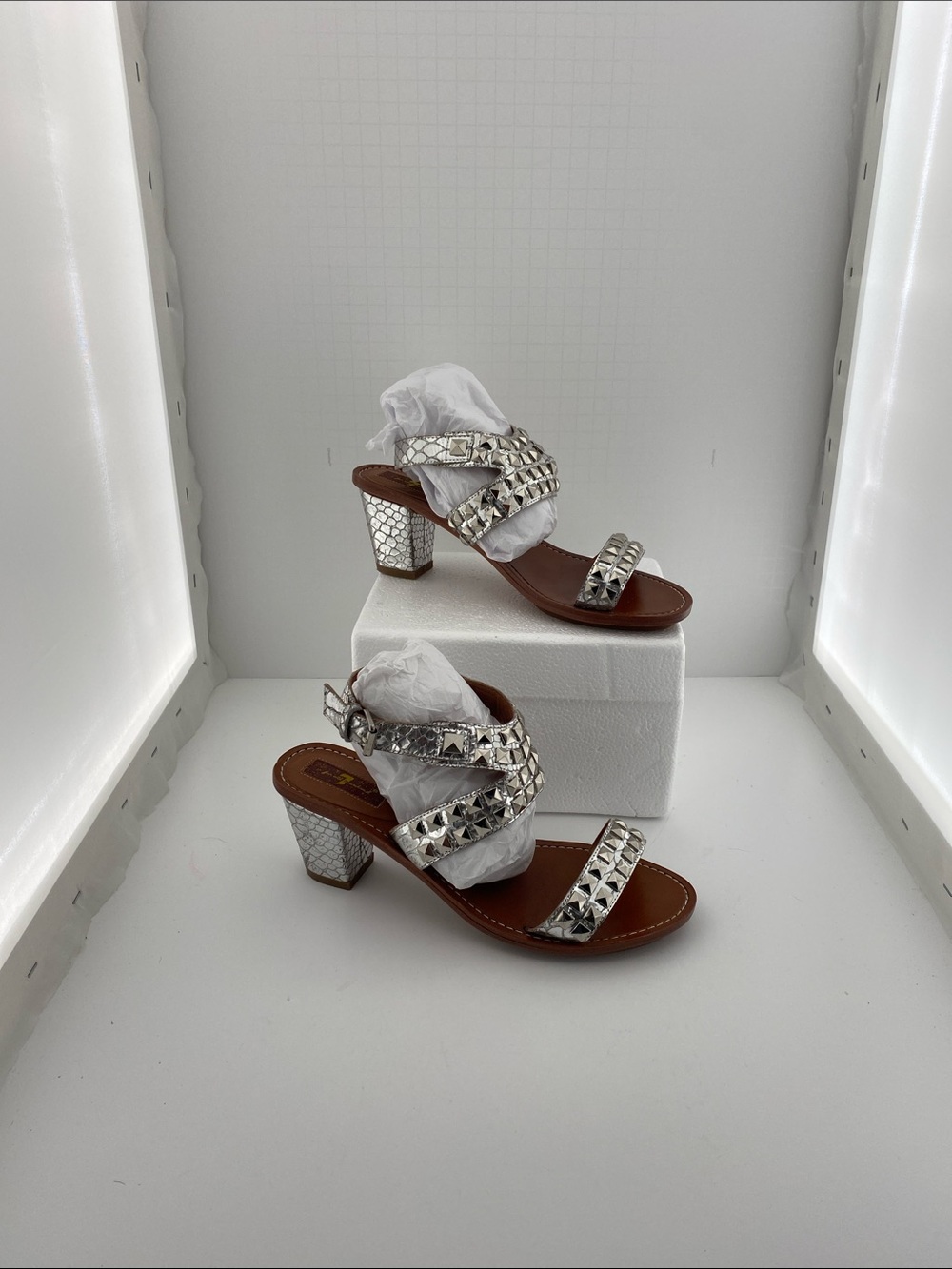 7 For All Mankind Silver Studded Block Heel Sandals